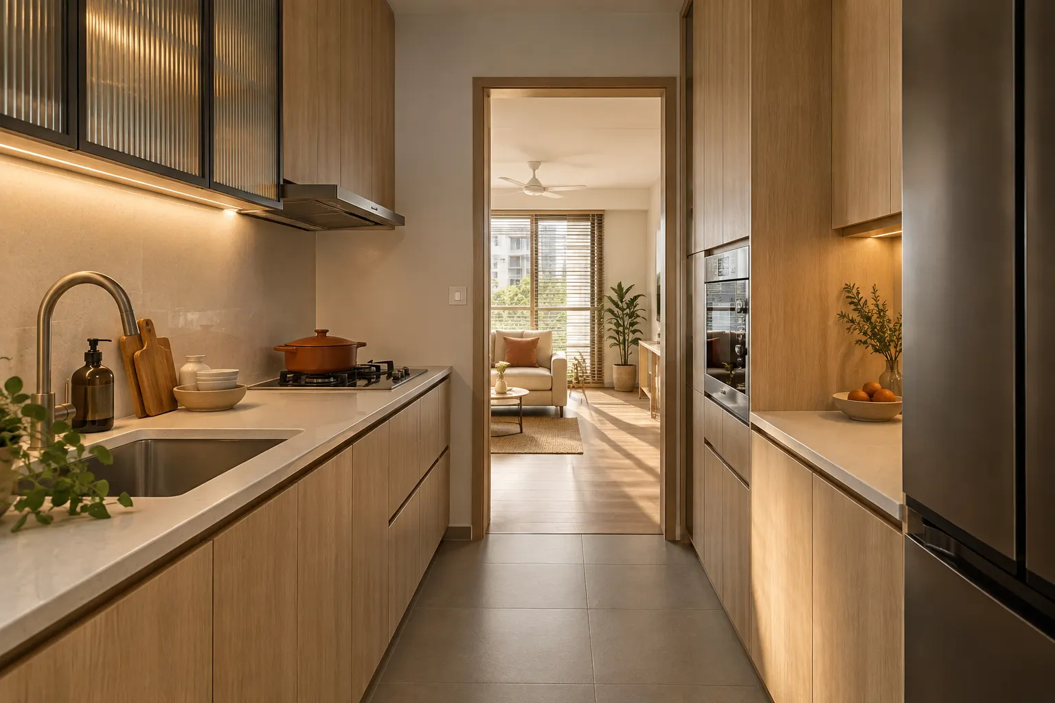 Speculative project-story screen featuring an HDB kitchen; not client work