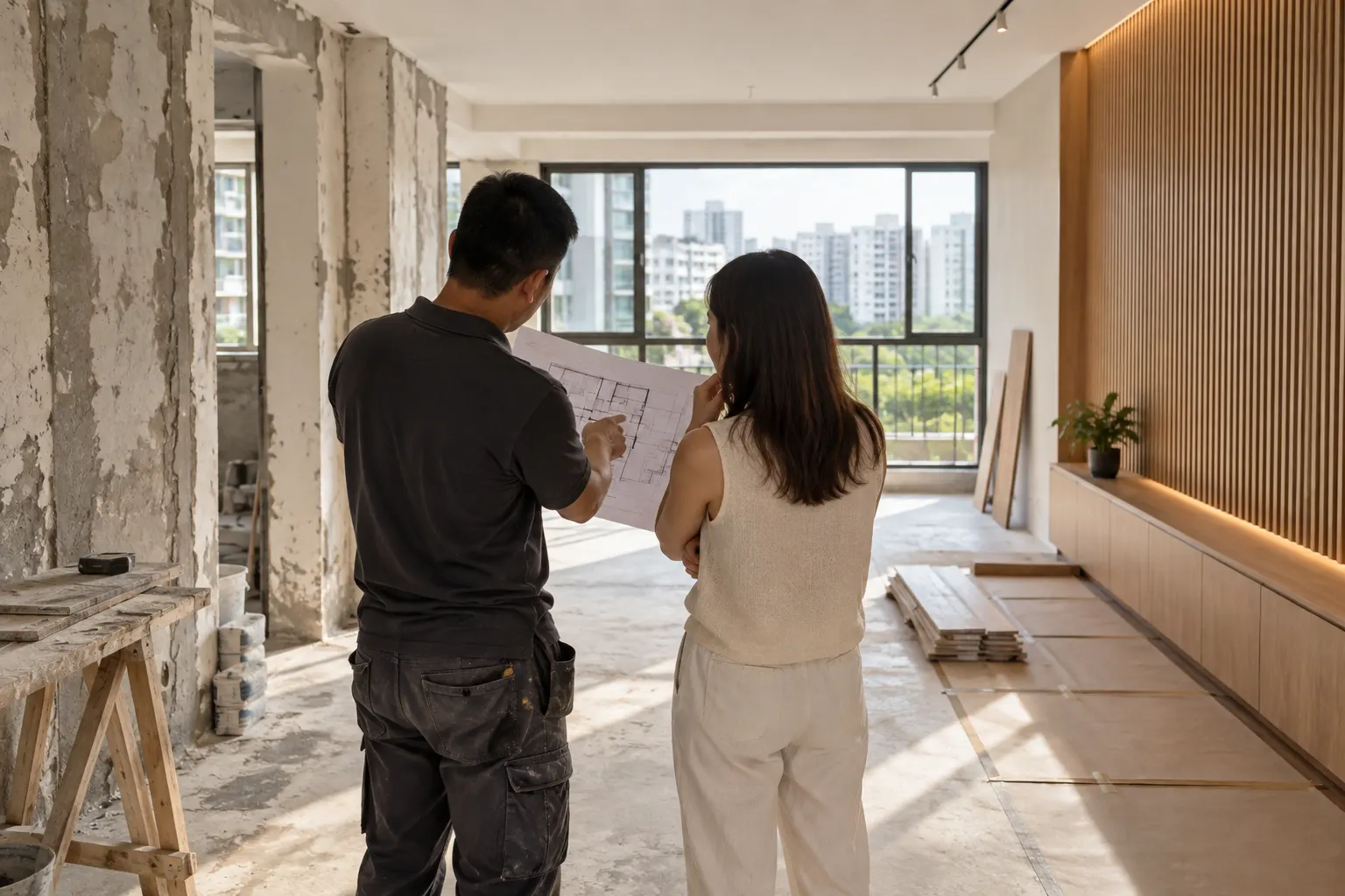 Concept image of a homeowner and renovator reviewing plans during an HDB site walkthrough; not client work